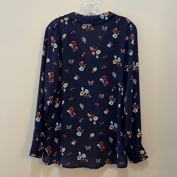 draped boho Blouse Long sleeve high-low Navy Floral semi-sheer Top size medium - Picture 8 of 9